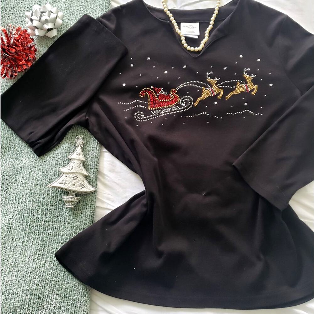 Embellished Black Christmas top Santa sleigh XL